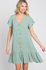 Light Olive Button Accent Ruffle Hem Dresses