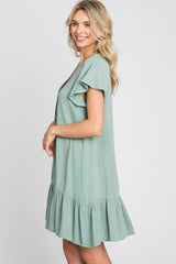 Light Olive Button Accent Ruffle Hem Dresses