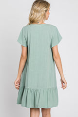 Light Olive Button Accent Ruffle Hem Dresses