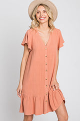 Salmon Button Accent Ruffle Hem Dress