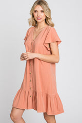 Salmon Button Accent Ruffle Hem Dress