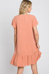 Salmon Button Accent Ruffle Hem Dress