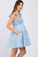 Light Blue Denim Square Neck Smocked Tiered Maternity Dress