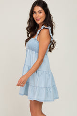 Light Blue Denim Square Neck Smocked Tiered Dress