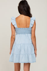 Light Blue Denim Square Neck Smocked Tiered Dress