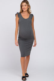 Charcoal Flounce Sleeve Ribbed Maternity Dress