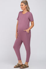 Mauve Basic Short Sleeve Maternity Jumpsuit