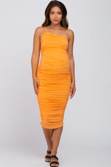 Orange One Shoulder Ruched Maternity Midi Dress