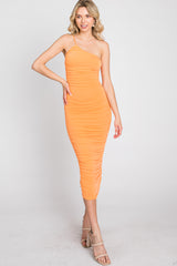 Orange One Shoulder Ruched Midi Dress