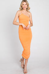 Orange One Shoulder Ruched Midi Dress