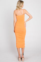 Orange One Shoulder Ruched Midi Dress