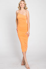 Orange One Shoulder Ruched Midi Dress