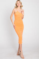 Orange One Shoulder Ruched Midi Dress