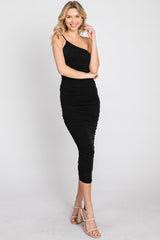 Black One Shoulder Ruched Midi Dress