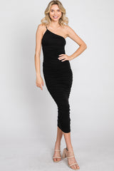 Black One Shoulder Ruched Maternity Midi Dress