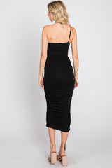 Black One Shoulder Ruched Midi Dress