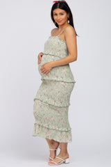 Sage Floral Smocked Fitted Maternity Midi Dress