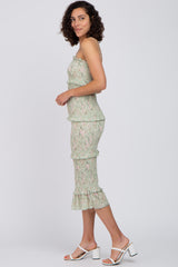 Sage Floral Smocked Fitted Midi Dress