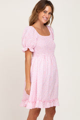 Light Pink Spotted Smocked Puff Sleeve Dress