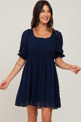 Navy Blue Textured Polka Dot Chiffon Smocked Dress