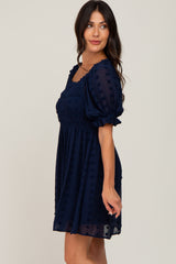 Navy Blue Textured Polka Dot Chiffon Smocked Dress