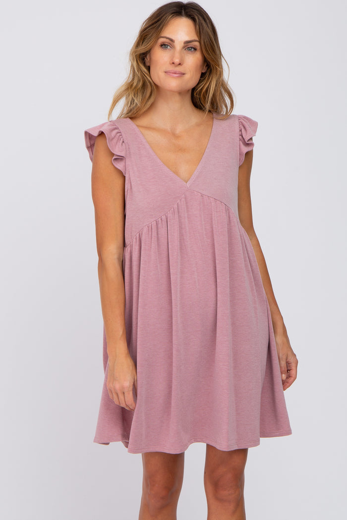 Mauve Heathered Flutter Sleeve Maternity Dress
