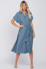 Navy Striped Button Down Waist Tie Maternity Midi Dress