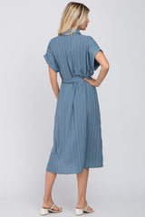 Navy Striped Button Down Waist Tie Midi Dress