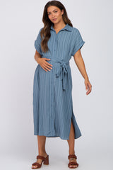 Navy Striped Button Down Waist Tie Maternity Midi Dress