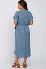 Navy Striped Button Down Waist Tie Maternity Midi Dress