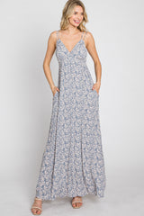 Blue Printed Sleeveless Maxi Dress