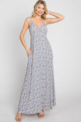 Blue Printed Sleeveless Maxi Dress