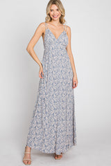 Blue Printed Sleeveless Maternity Maxi Dress