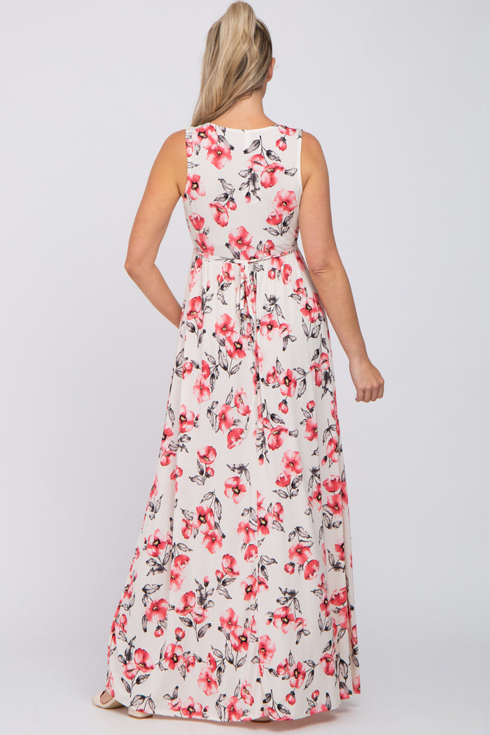 Ivory Floral Waist Tie Maternity Maxi Dress