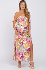 Multi-Color Tropical Leaf Smocked Off Shoulder Side Cutout Maternity Maxi Dress