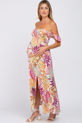 Multi-Color Tropical Leaf Smocked Off Shoulder Side Cutout Maternity Maxi Dress