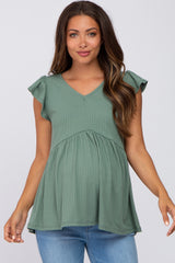 Light Olive Ribbed Ruffle Sleeve Maternity Top