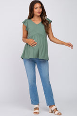 Light Olive Ribbed Ruffle Sleeve Maternity Top