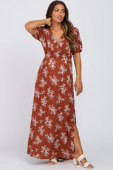 Rust Floral V-Neck Smocked Maternity Maxi Dress