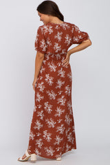 Rust Floral V-Neck Smocked Maternity Maxi Dress