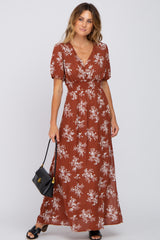 Rust Floral V-Neck Smocked Maxi Dress