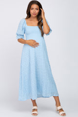 Light Blue Textured Smocked Maternity Midi Dress