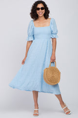 Light Blue Textured Smocked Maternity Midi Dress