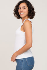 White Ribbed Ruffle Shoulder Tank Top