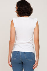 White Ribbed Ruffle Shoulder Tank Top