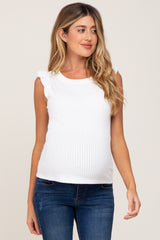 White Ribbed Ruffle Shoulder Maternity Tank Top