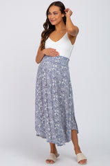 Blue Floral Round Hem Maternity Midi Skirt