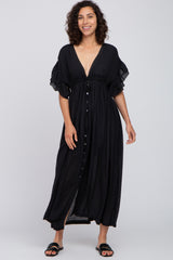 Black Deep V-Neck Button Down Maternity Maxi Dress