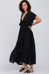 Black Deep V-Neck Button Down Maxi Dress