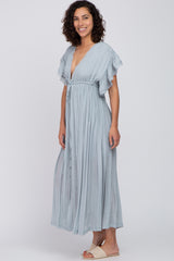 Light Blue Deep V-Neck Button Down Maxi Dress